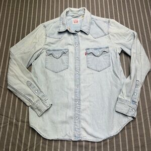 Levis Shirt Mens Small Blue Denim Pearl Snap Western Jean Cowboy